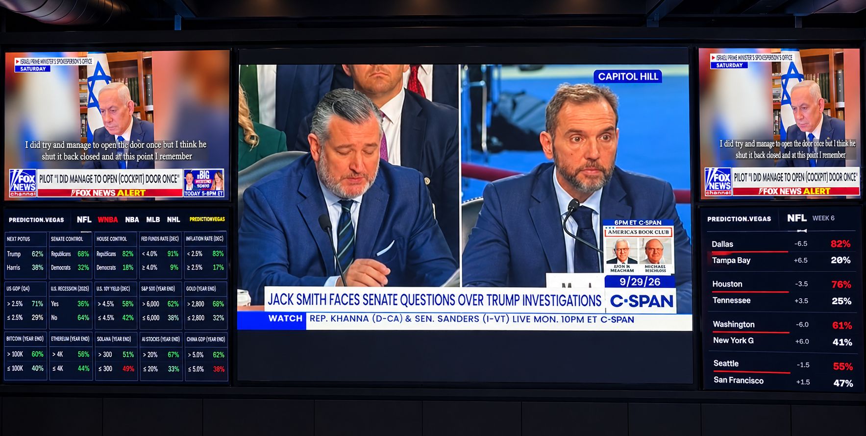 Prediction Vegas screen wall showing political coverage and live prediction markets