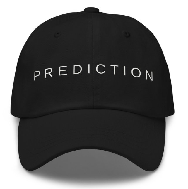 Black Prediction cap with white embroidered lettering