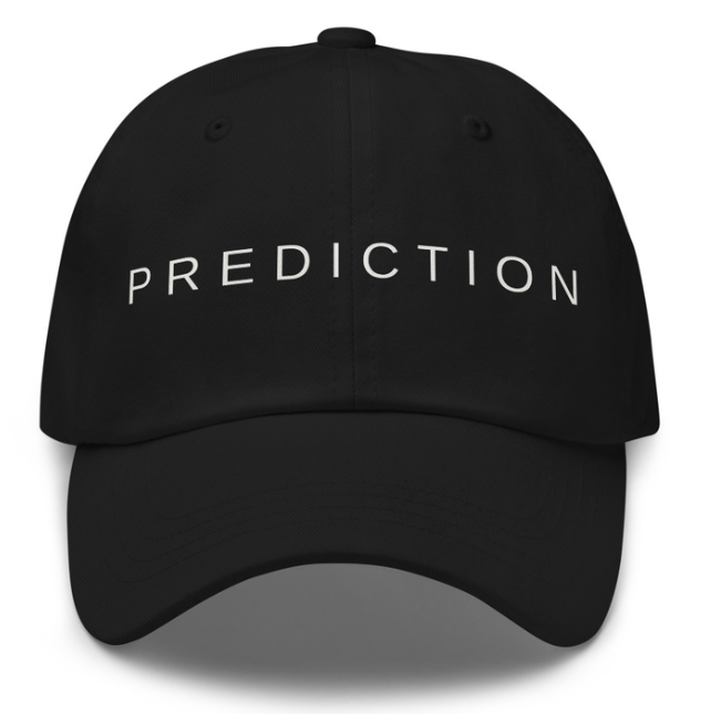 Prediction embroidered in white on a black cap