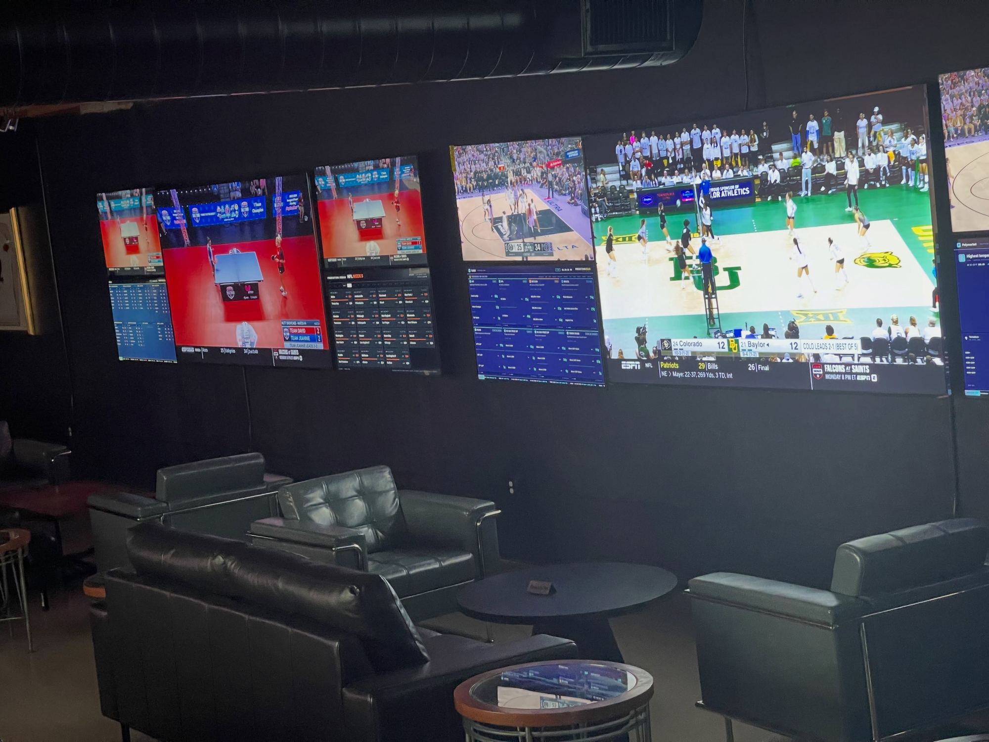 The Prediction Vegas screen wall above the leather lounge seating